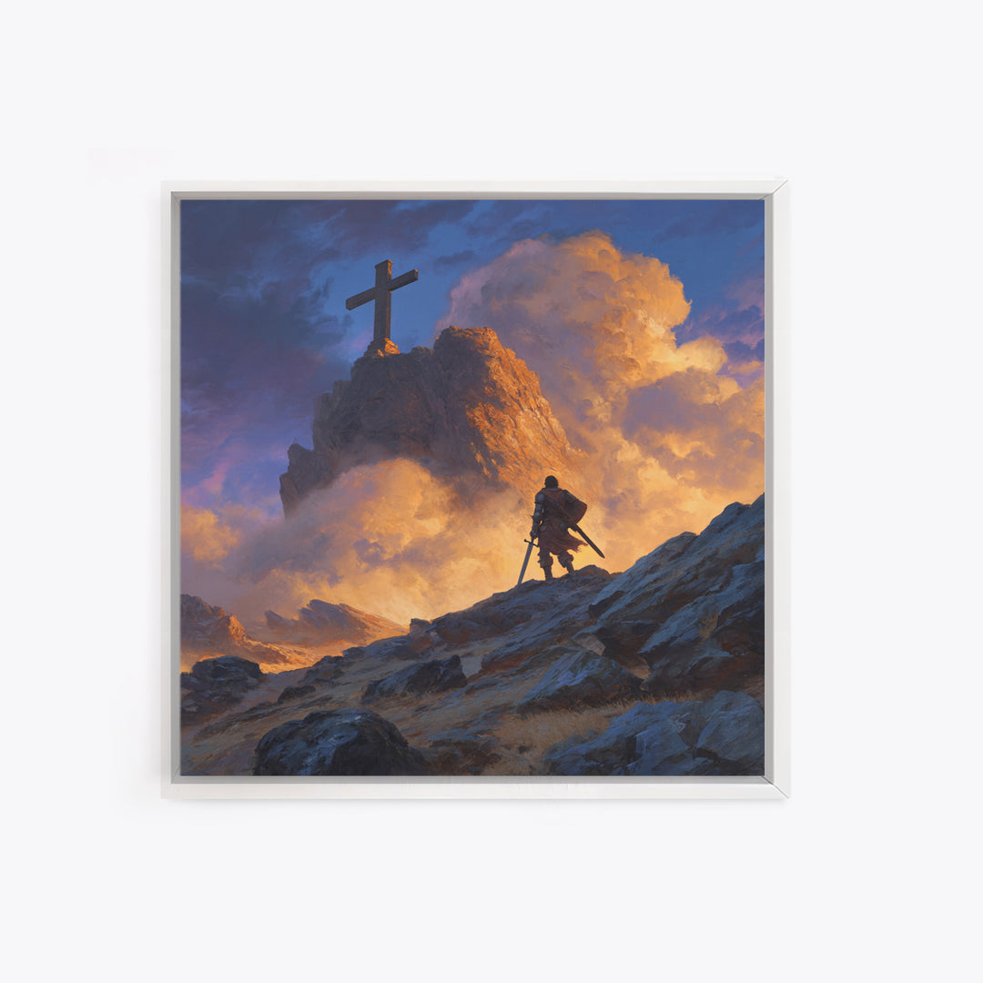 Epic Warrior Climbing Mountain To Cross Wall Art, Christian Fantasy Canvas Print, Inspirational Decor, Faith Gift For Him