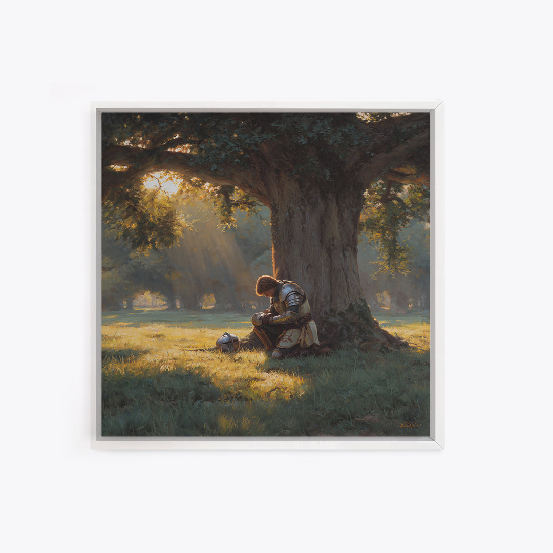 Praying Knight Beneath Ancient Oak Canvas Print, Medieval Fantasy Wall Art, Christian Warrior, Rustic Landscape Home Decor