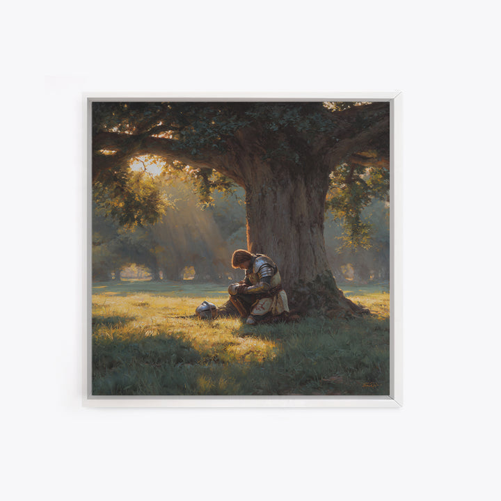 Praying Knight Beneath Ancient Oak Canvas Print, Medieval Fantasy Wall Art, Christian Warrior, Rustic Landscape Home Decor