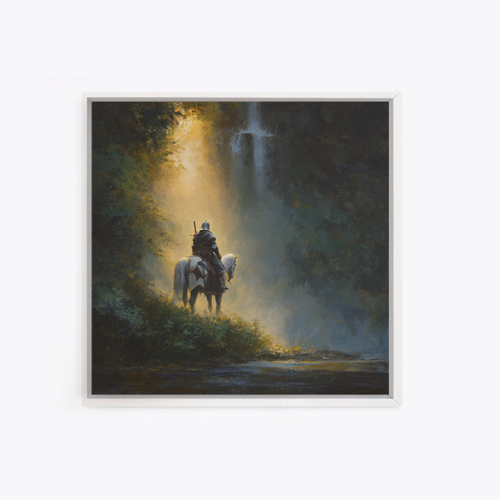 Lone Knight And White Horse By Waterfall Framed Canvas Print, Epic Fantasy Wall Art, Medieval Decor, Adventure Gift For Him