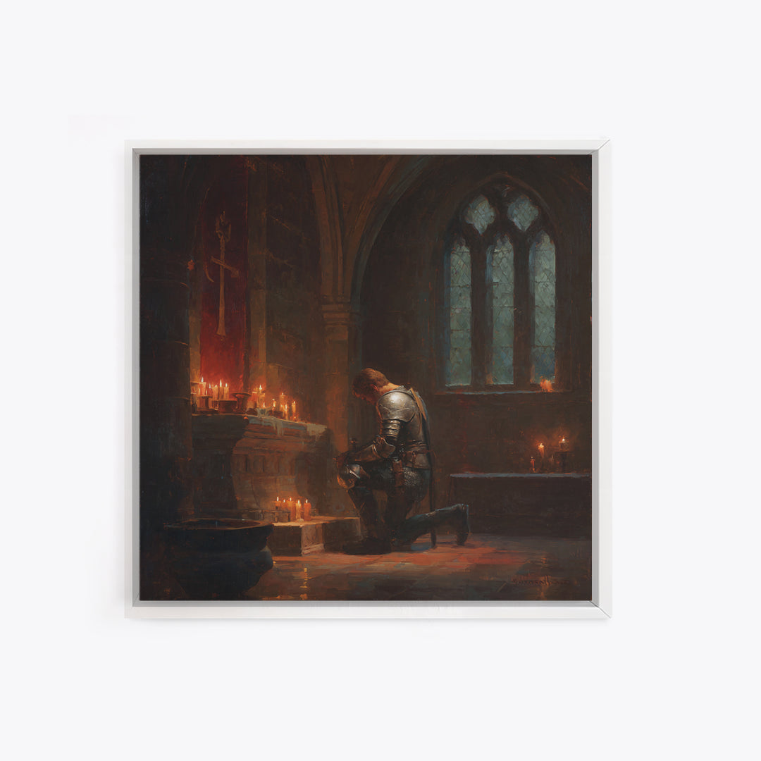 Kneeling Knight In Candlelit Chapel Wall Art, Gothic Medieval Canvas Print, Dark Academia Decor, Fantasy Christian Art Gift