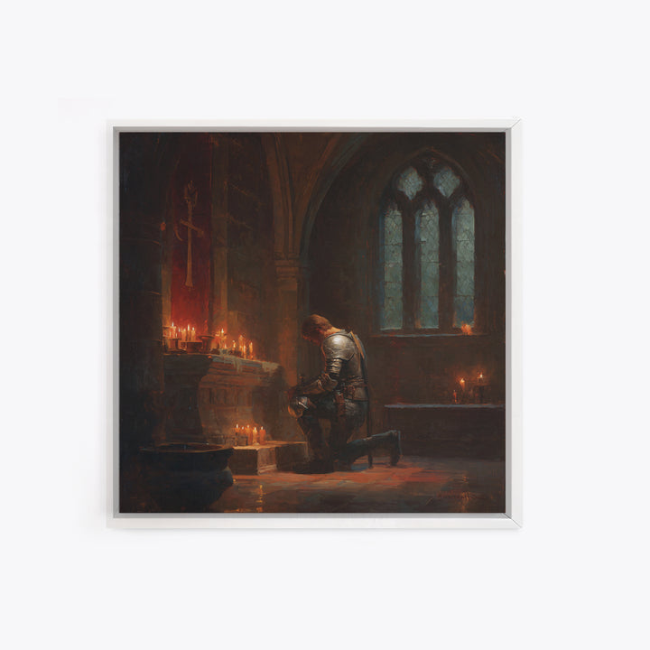 Kneeling Knight In Candlelit Chapel Wall Art, Gothic Medieval Canvas Print, Dark Academia Decor, Fantasy Christian Art Gift