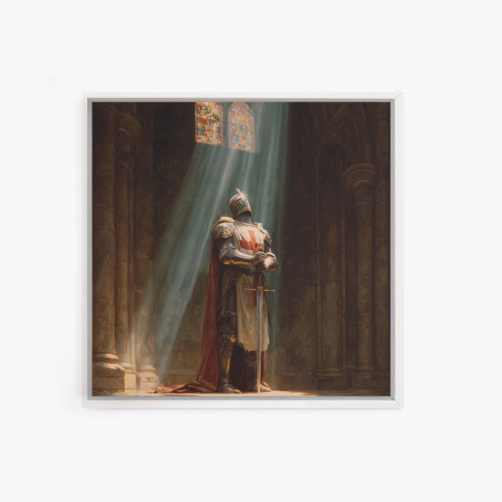 Medieval Knight Praying In Cathedral Light Framed Canvas Print, Gothic Wall Art, Christian Wall Decor, Fantasy Art Gift For Him