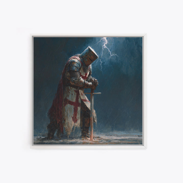Stormy Praying Knight With Sword Wall Art, Medieval Fantasy Canvas Print, Gothic Christian Dark Academia Home Decor, Gift For Him