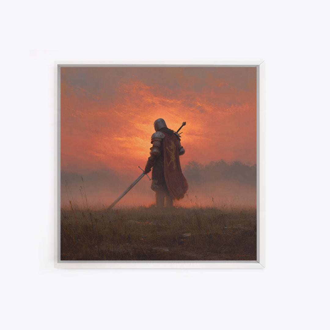Lone Medieval Knight At Fiery Sunset Wall Art, Fantasy Warrior Canvas Print, Gothic Castle Decor, Dramatic Gift For Him Art