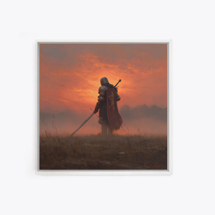 Lone Medieval Knight At Fiery Sunset Wall Art, Fantasy Warrior Canvas Print, Gothic Castle Decor, Dramatic Gift For Him Art