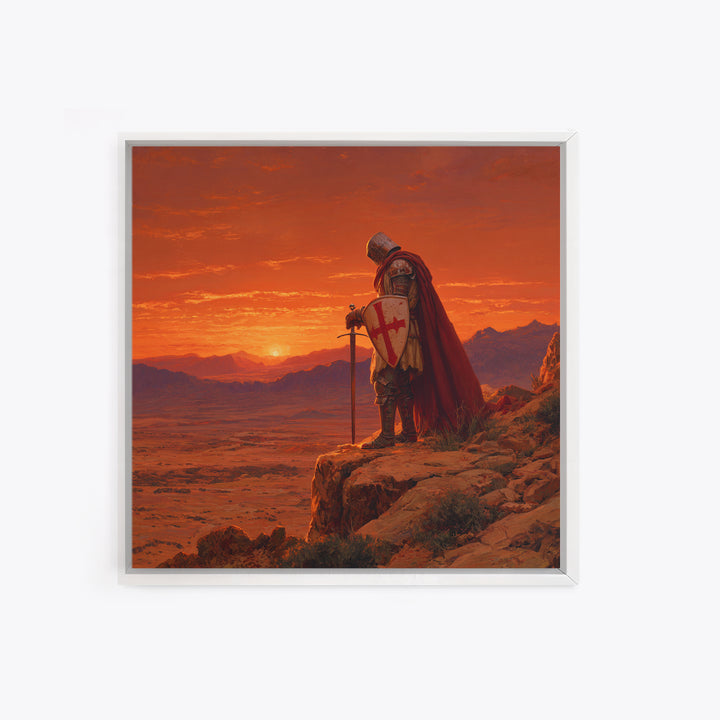 Crusader Knight At Sunset Canvas Print, Medieval Fantasy Art, Red Desert Landscape, Gothic Wall Decor, Gift For Him, Man Cave Decor