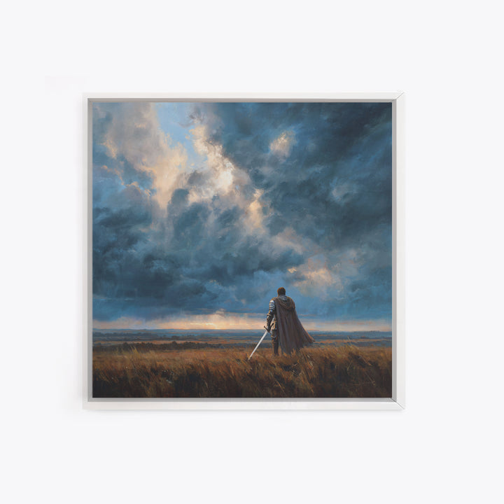 Lone Warrior Beneath Storm Clouds Wall Art, Medieval Fantasy Landscape Painting, Dark Academia Decor, Gift For Him Poster