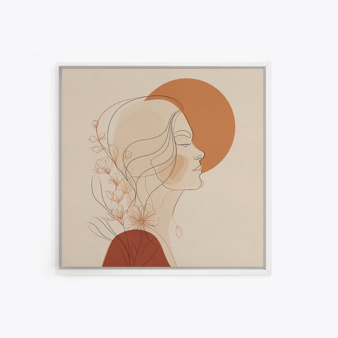 Floral Woman Line Art Canvas Print, Terracotta Sun Portrait Wall Art, Feminine Boho Decor, Minimalist Bedroom Art Print For Her