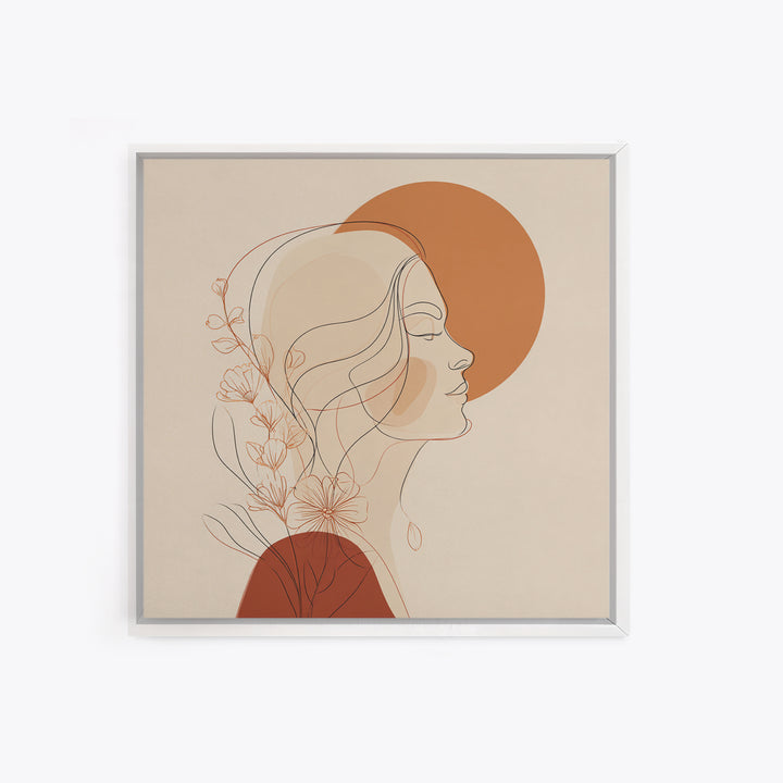 Floral Woman Line Art Canvas Print, Terracotta Sun Portrait Wall Art, Feminine Boho Decor, Minimalist Bedroom Art Print For Her