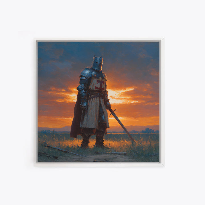 Medieval Knight At Sunset Framed Canvas Print, Crusader Wall Art, Fantasy Warrior Decor, Masculine Office Art, Gift For Him