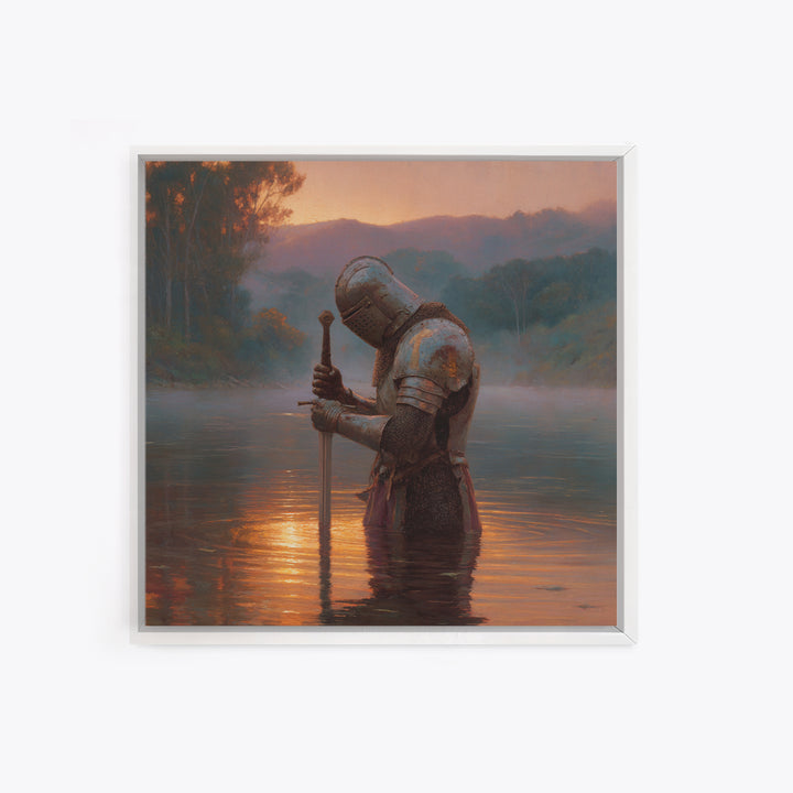 Armored Knight In Sunset River Wall Art, Medieval Fantasy Landscape Painting, Moody Rustic Decor, Historical Canvas Print