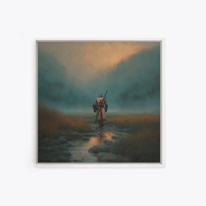 Foggy Knight Mountain Path Wall Art, Moody Fantasy Landscape Print, Medieval Warrior Decor, Rustic Home Decor Gift For Living Room