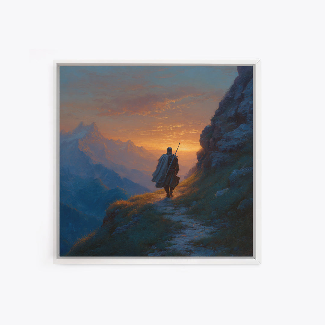 Lone Traveler On Mountain Path Wall Art, Sunset Fantasy Landscape Canvas Print, Epic Adventure Decor For Living Room Home Decor