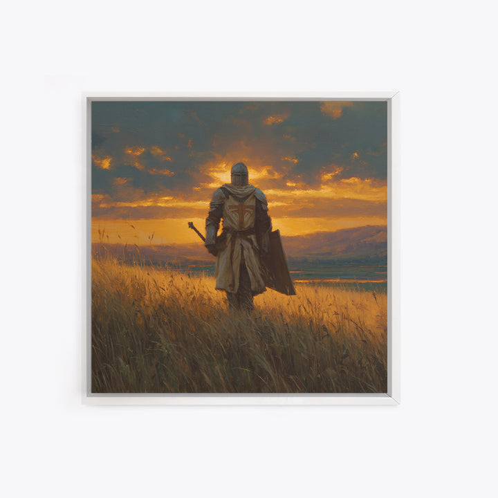 Lone Knight Sunset Field Canvas Print, Medieval Landscape Wall Art, Fantasy Warrior Decor, Rustic Home Decor, Gift For Him