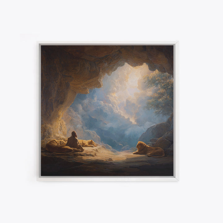 Cave Sanctuary With Lions And Heavenly Clouds Wall Art, Fantasy Landscape Canvas, Spiritual Home Decor, Mystical Gift Print