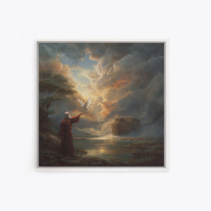 Noah Releasing Dove Before Storm Canvas Print, Biblical Wall Art, Christian Artwork, Dramatic Landscape Decor, Faith Gift