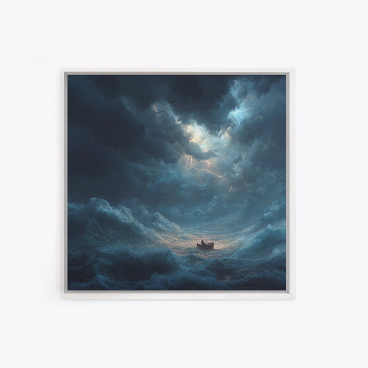 Tiny Boat In Stormy Ocean Wall Art, Dramatic Seascape Canvas Print, Nautical Coastal Decor, Moody Ocean Painting Gift For Him