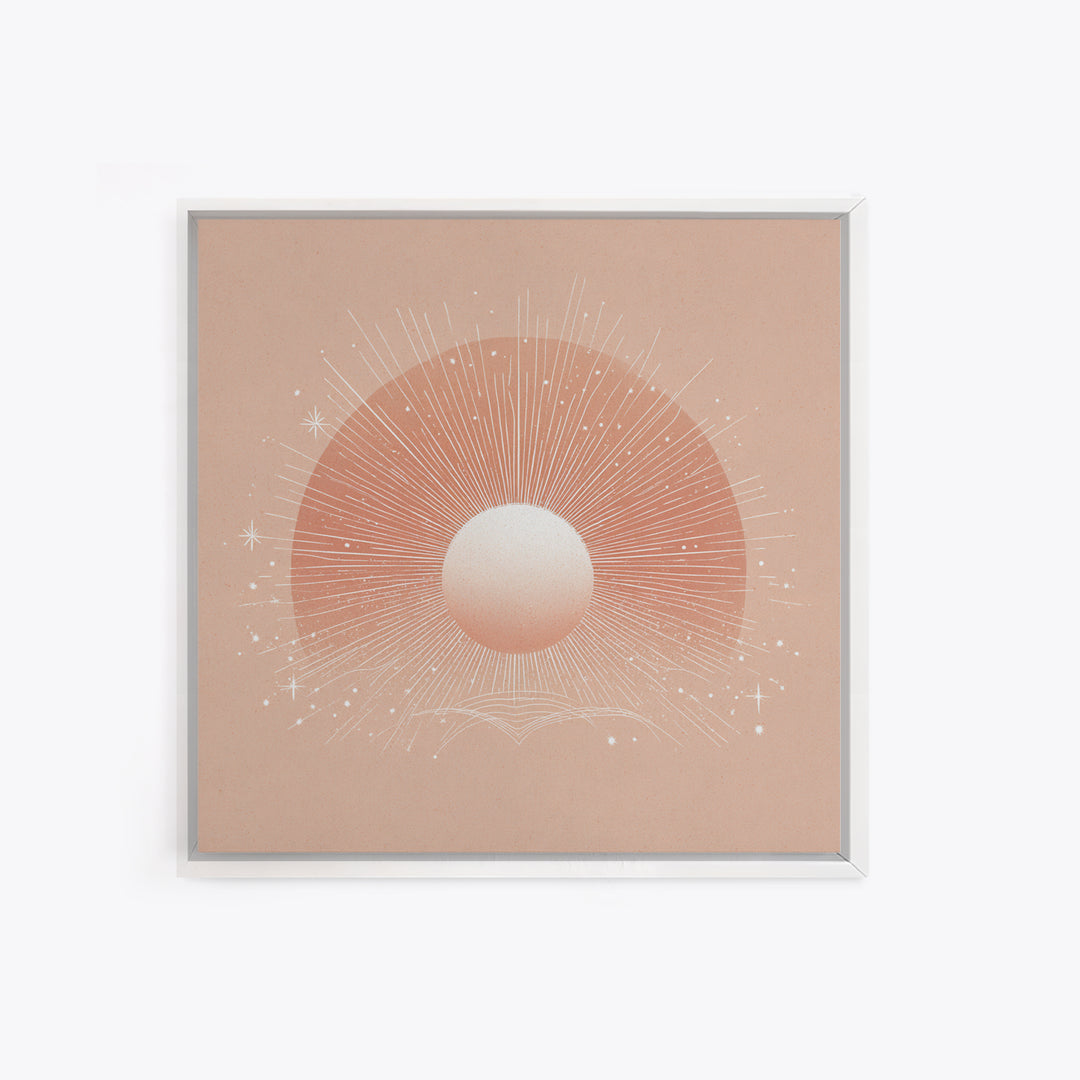 Radiant Peach Sun Wall Art, Celestial Canvas Print, Boho Sun And Moon Decor, Minimalist Nursery Or Bedroom Wall Decor Art Print