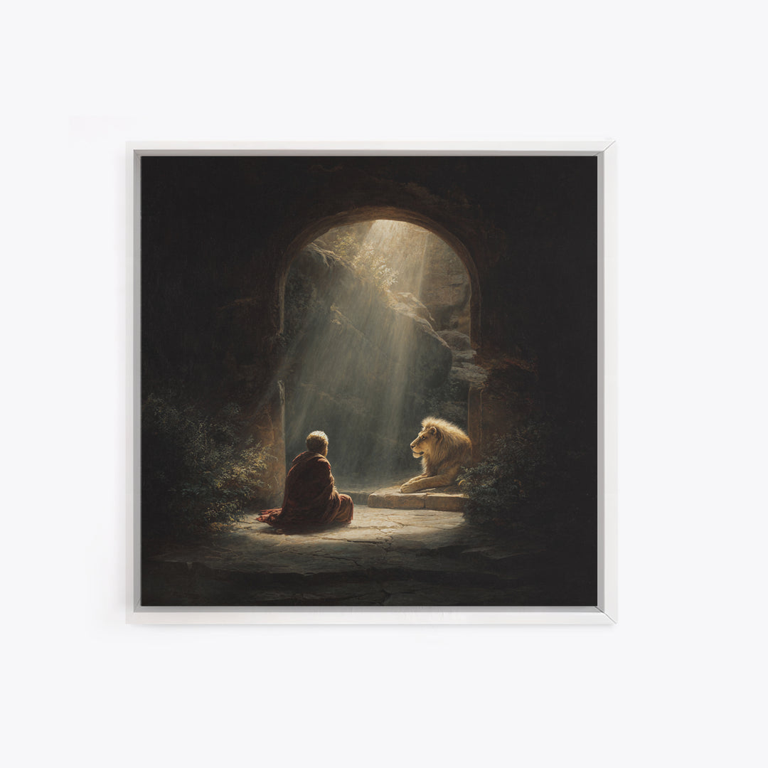 Child And Lion In Sunlit Cave Wall Art, Spiritual Fantasy Painting, Inspirational Decor, Storybook Artwork, Unique Gift For Her