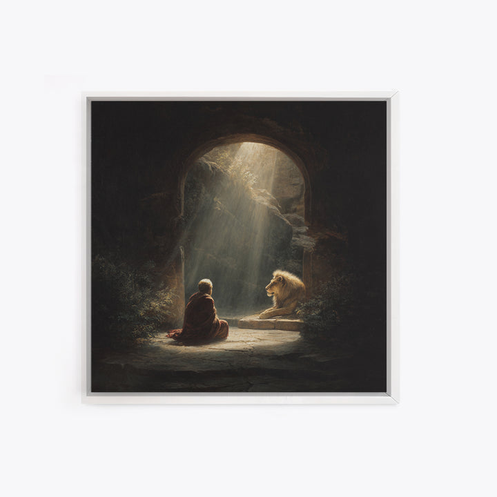 Child And Lion In Sunlit Cave Wall Art, Spiritual Fantasy Painting, Inspirational Decor, Storybook Artwork, Unique Gift For Her