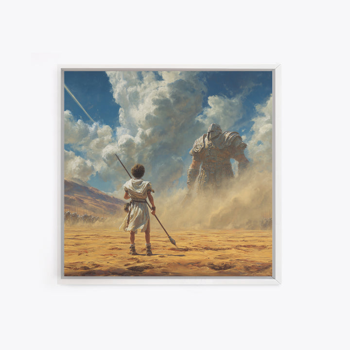 Young Warrior Facing Desert Giant In Dust Canvas Print, Biblical Wall Art, Fantasy Decor, David And Goliath Gift For Him