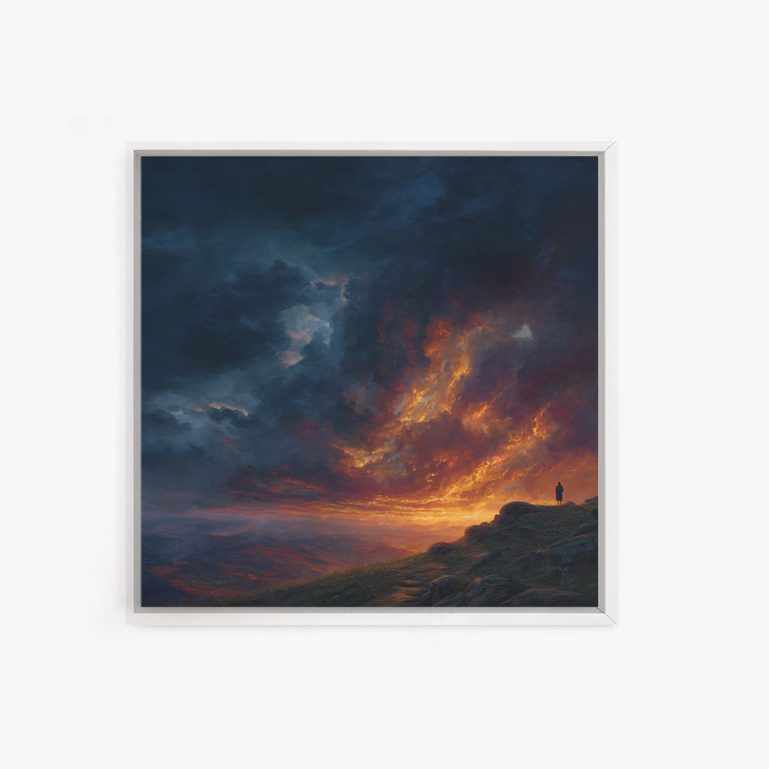 Lone Figure Under Fiery Storm Clouds Wall Art, Dramatic Landscape Canvas Print, Moody Fantasy Decor, Statement Artwork Gift