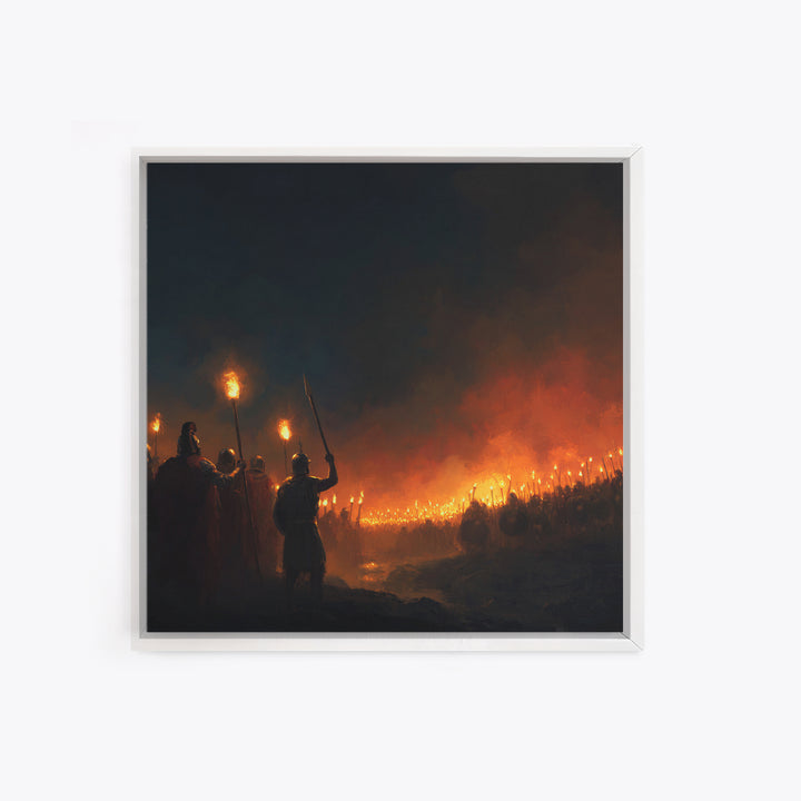 Torchlit Ancient Army At Night Wall Art, Dark Fantasy Canvas Print, Warrior Battle Scene, Moody Medieval Decor, Man Cave Gift
