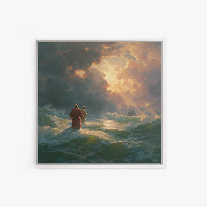Jesus Walking On Stormy Sea Wall Art, Christian Canvas Print, Biblical Ocean Painting, Faith Gift, Dramatic Home Decor, For Living Room