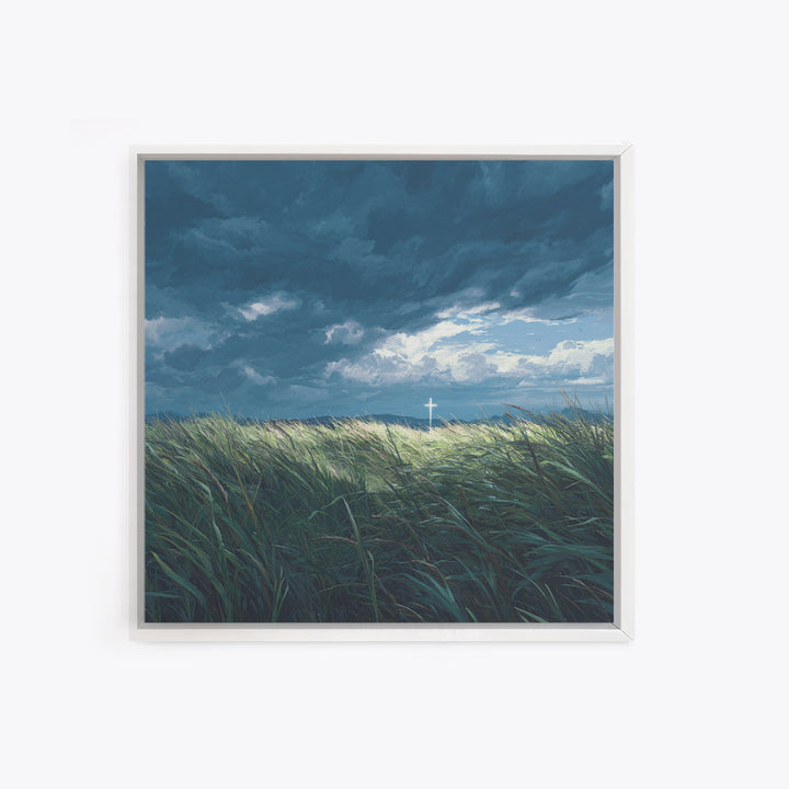 Stormy Field With Glowing Cross Wall Art, Christian Canvas Print, Moody Landscape Decor, Faith Inspired Prayer Room Art, Gift