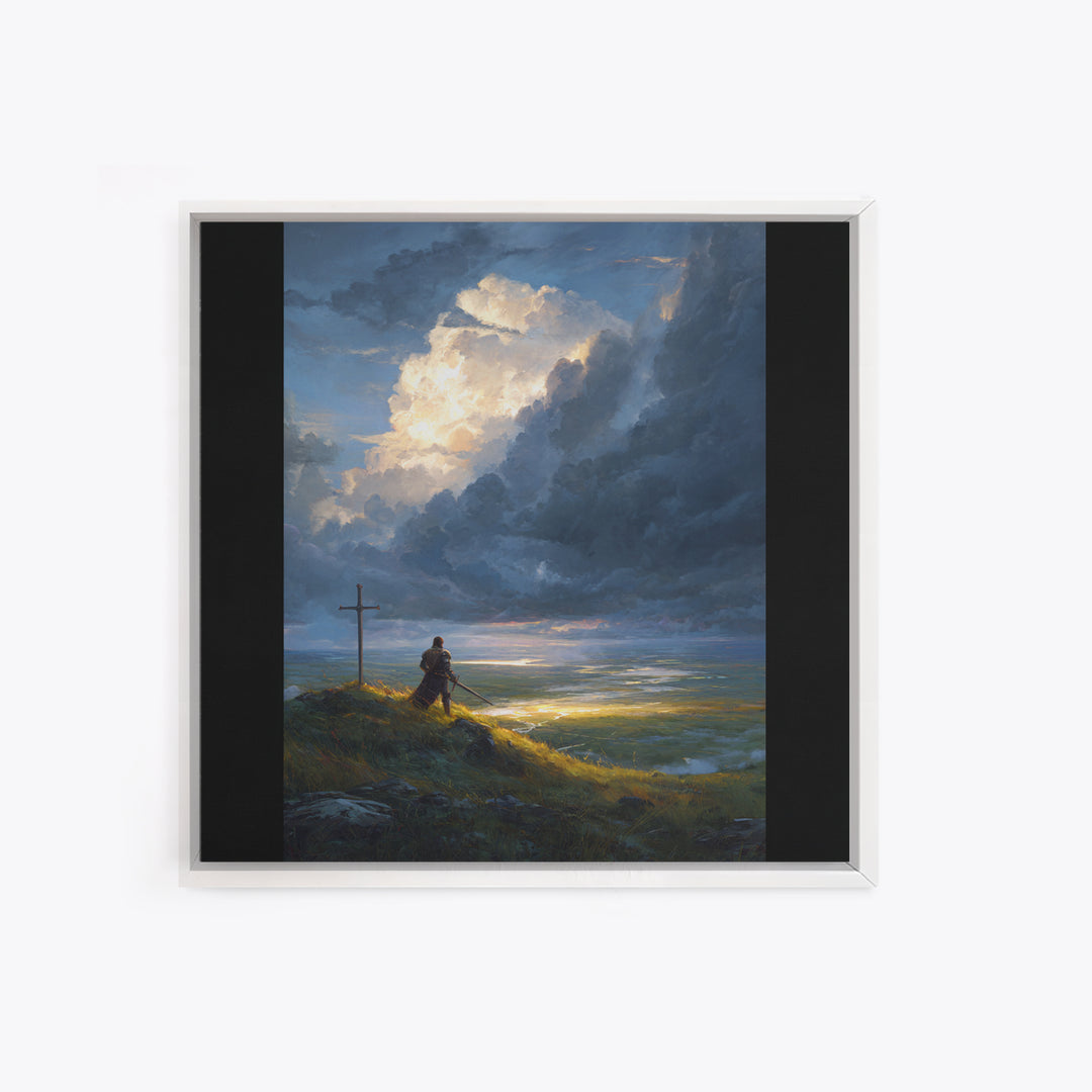 Lone Knight At Cross Under Storm Clouds Framed Canvas Print, Christian Wall Art, Dramatic Landscape, Faith Home Decor Gift