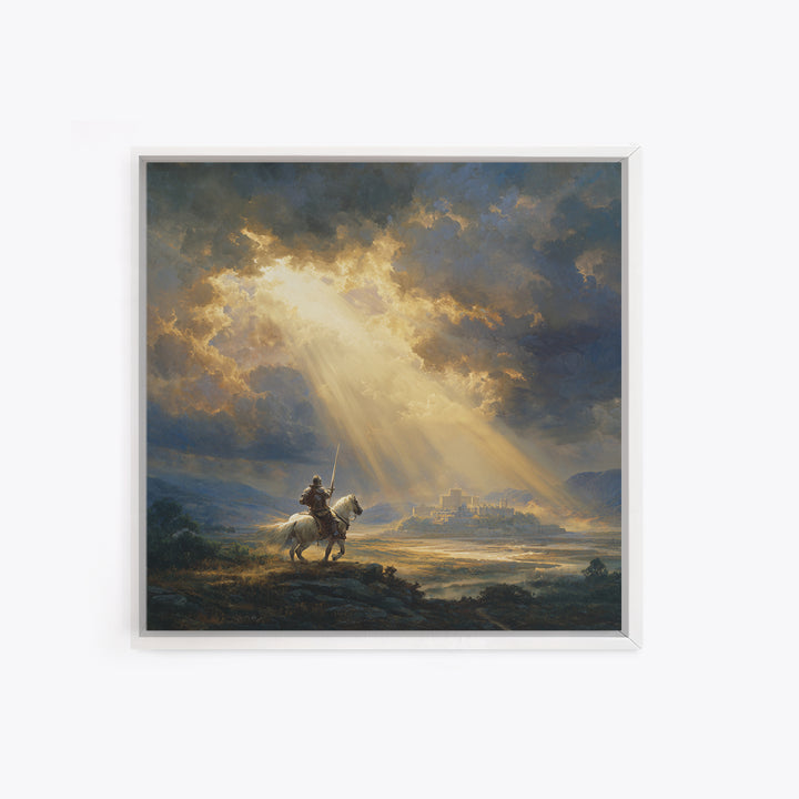 Mounted Knight Beneath Sunbeams Framed Canvas Print, Medieval Landscape Wall Art, Christian Artwork, Castle Decor Gift For Him