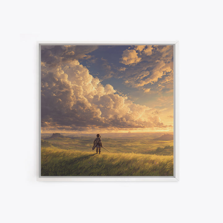 Lone Traveler Under Golden Clouds Wall Art, Fantasy Landscape Painting, Adventure Canvas Print For Bedroom And Living Room Decor