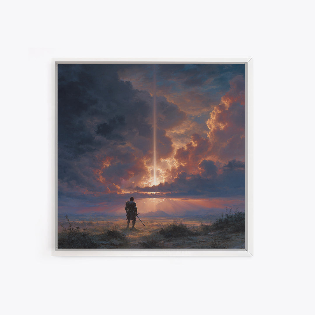 Lone Warrior Under Divine Sky Canvas Print, Fantasy Landscape Art, Dramatic Cloudscape Wall Decor, Medieval Adventure Gift For Him