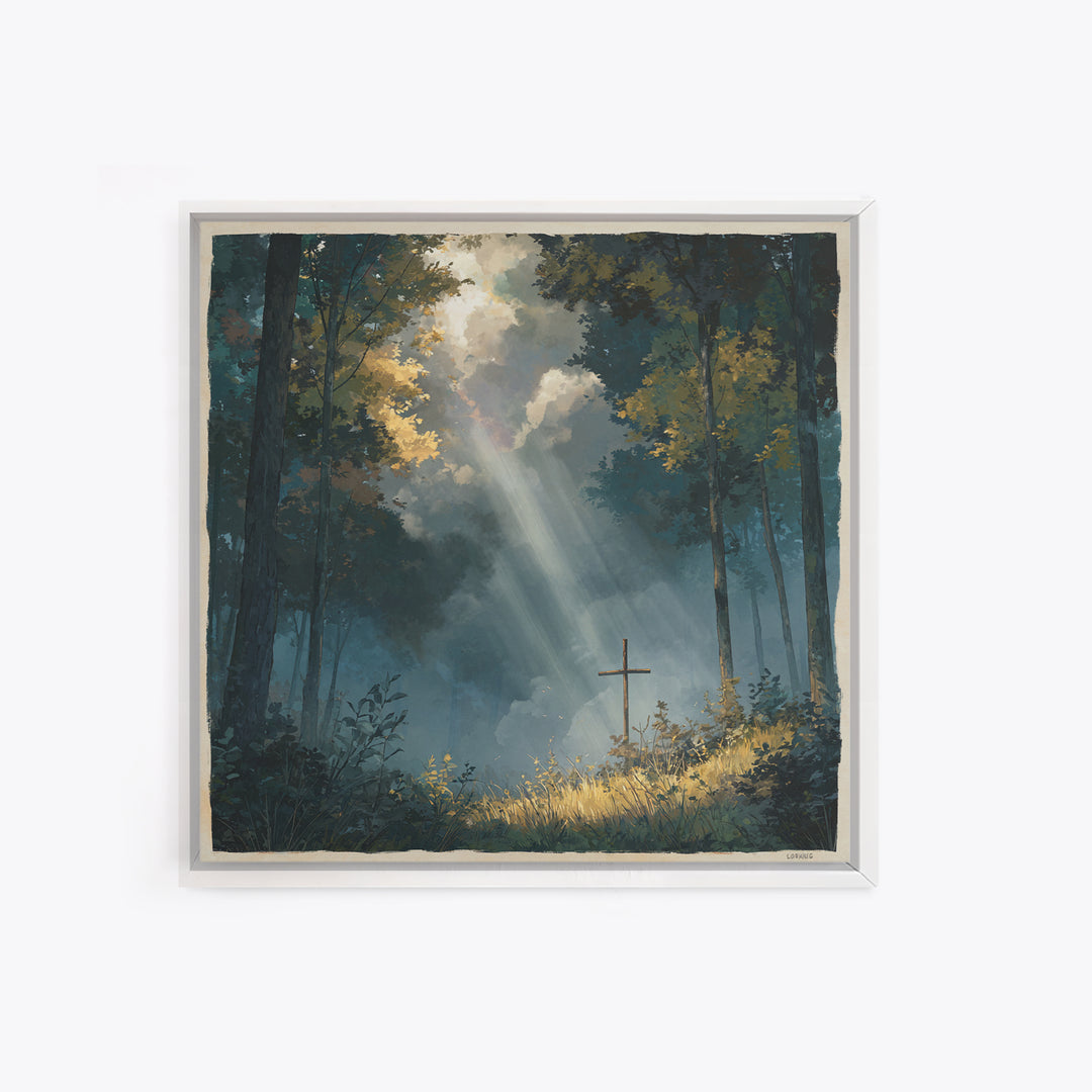 Sunbeams Over Forest Cross Wall Art, Peaceful Christian Canvas Print, Spiritual Nature Decor, Prayer Room Artwork, Faith Gift
