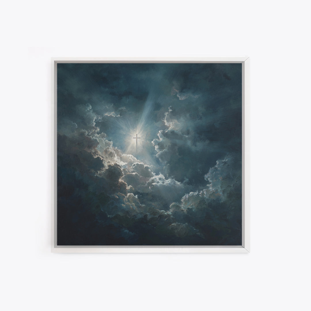 Radiant Cross In Storm Clouds Wall Art, Christian Inspirational Canvas Print, Spiritual Home Decor, Prayer Room Gift For Her