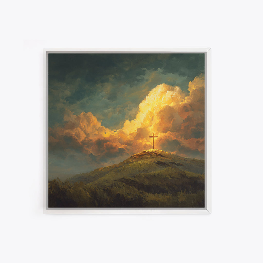 Glowing Cross On Hilltop Wall Art, Christian Landscape Canvas Print, Inspirational Clouds, Religious Home Decor Gift For Her