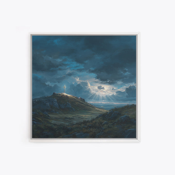 Glowing Cross On Stormy Hill Wall Art, Dramatic Christian Landscape Painting For Prayer Room Decor And Spiritual Gift Idea