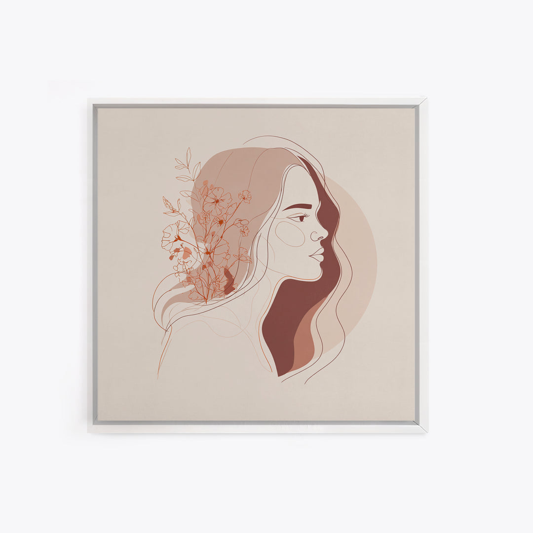 Terracotta Floral Woman Wall Art, Minimalist Line Portrait Canvas Print, Feminine Boho Decor, Neutral Bedroom Art Print For Her