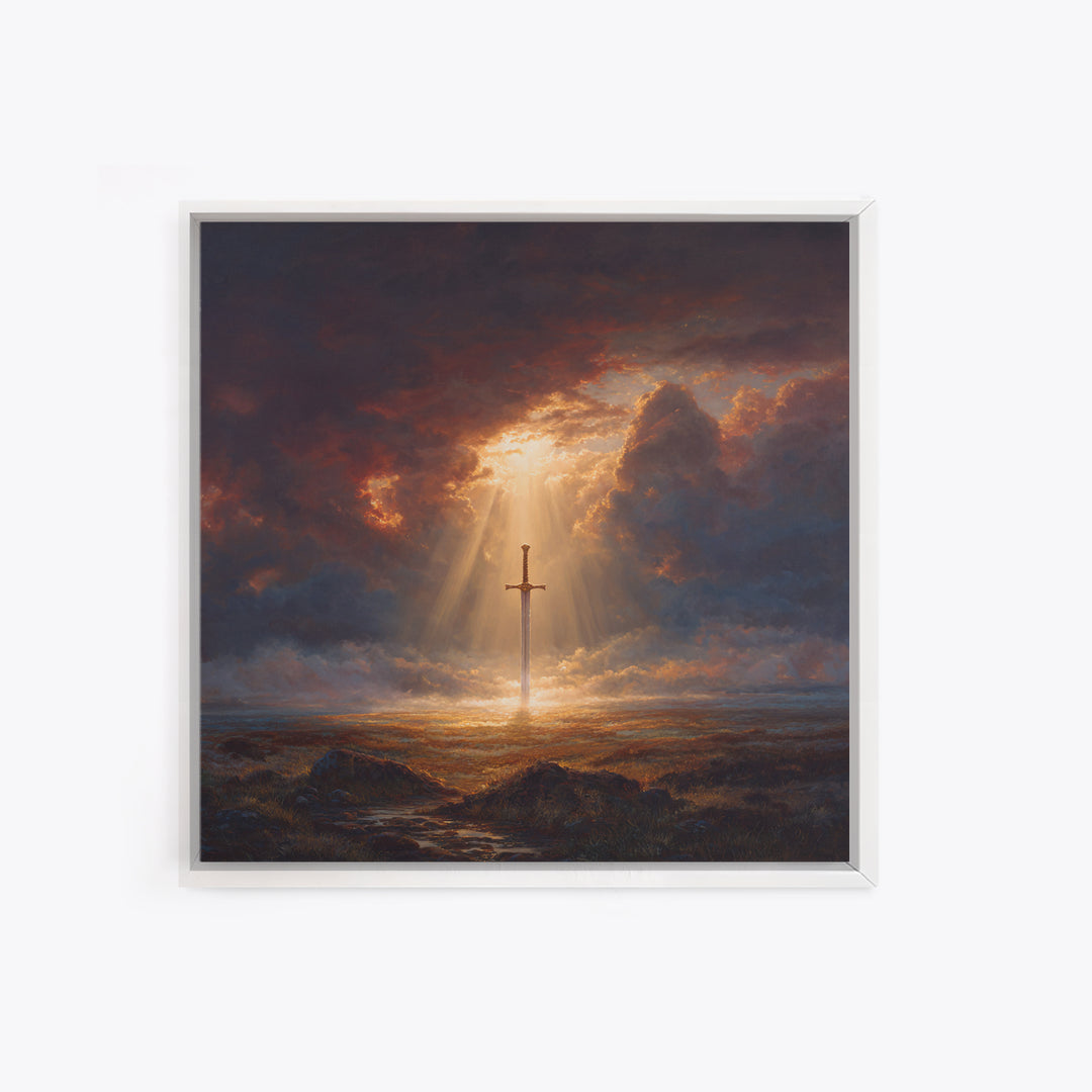 Sword Of Light In Stormy Field Framed Canvas Print, Christian Symbol Painting, Dramatic Landscape Wall Decor, Faith Gift