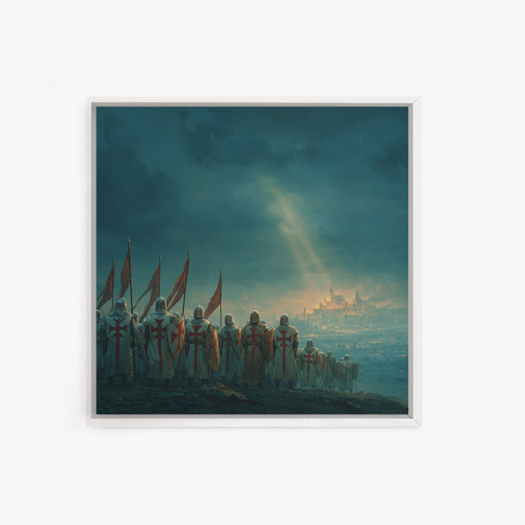 Templar Knights Over Misty Jerusalem Canvas Print, Medieval Fantasy Wall Art, Christian Decor, Crusader History Gift For Him