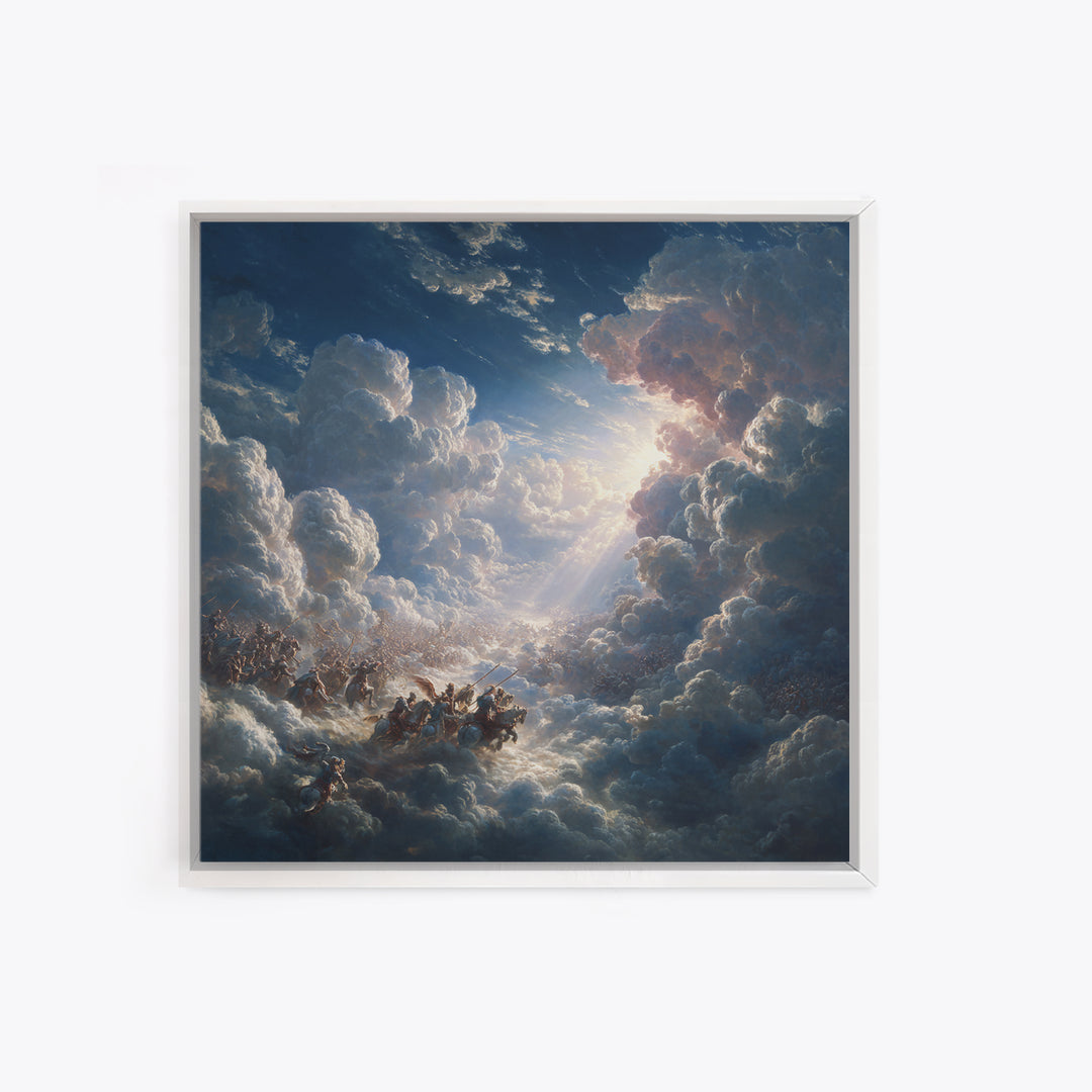 Angelic Battle In Storm Clouds Framed Canvas Print, Baroque Wall Art, Celestial Fantasy Art, Dramatic Spiritual Decor Print