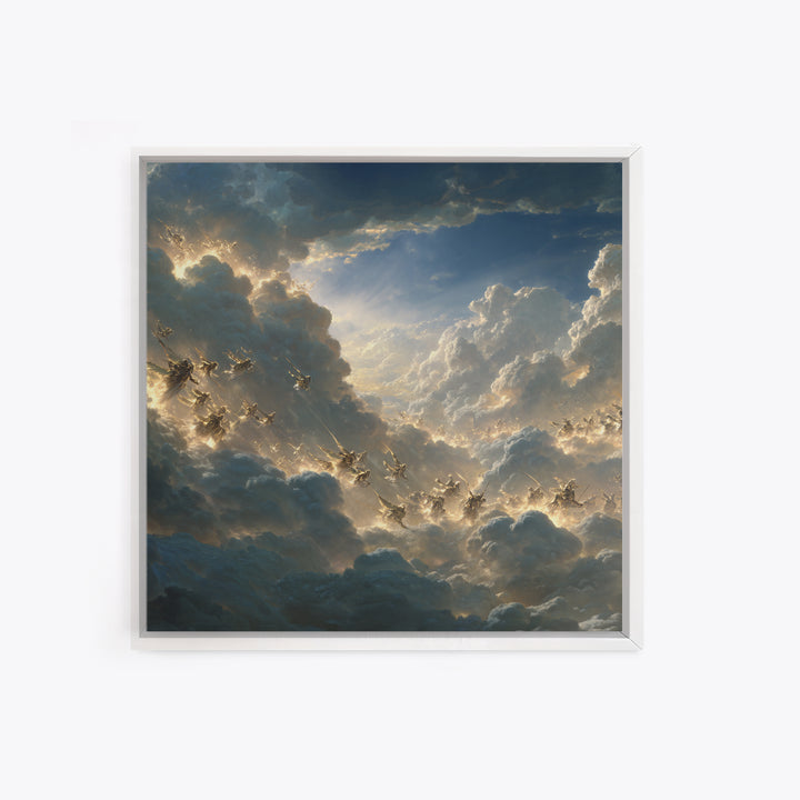 Angelic Riders In Storm Clouds Wall Art, Celestial Christian Canvas Print, Fantasy Sky Battle, Spiritual Living Room Decor