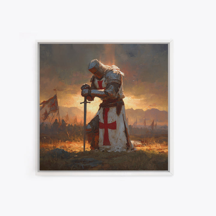 Kneeling Templar Knight In Battle Canvas Print, Medieval Christian Wall Art, Crusader Artwork Gift For Him, Man Cave Decor