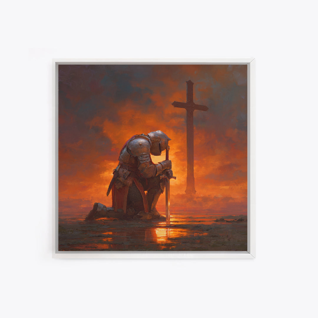 Kneeling Crusader Before Cross At Fiery Sunset Wall Art, Christian Canvas Print, Medieval Decor, Inspirational Gift For Him