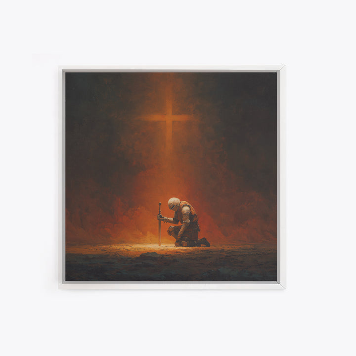 Kneeling Knight With Glowing Cross Framed Canvas Print, Christian Wall Art, Dark Fantasy Decor, Prayer Room Gift For Him Home Decor