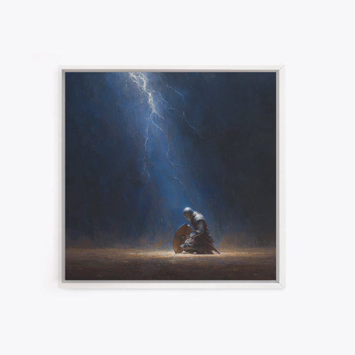 Kneeling Knight In Lightning Storm Wall Art, Dark Fantasy Medieval Canvas, Warrior Prayer Scene, Gothic Home Decor Unique Gift