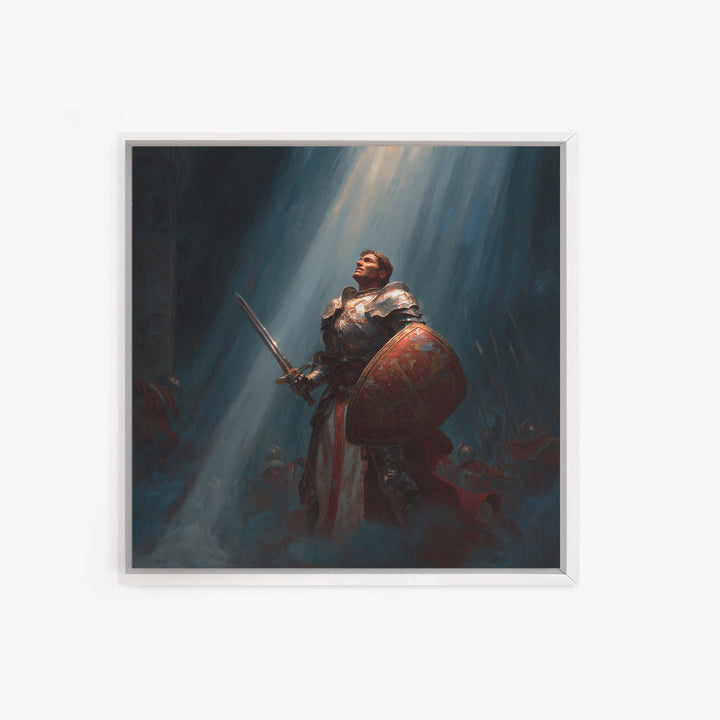 Heroic Knight With Sword And Shield In Divine Light Framed Canvas Print, Fantasy Wall Art, Medieval Wall Decor, Gift For Him