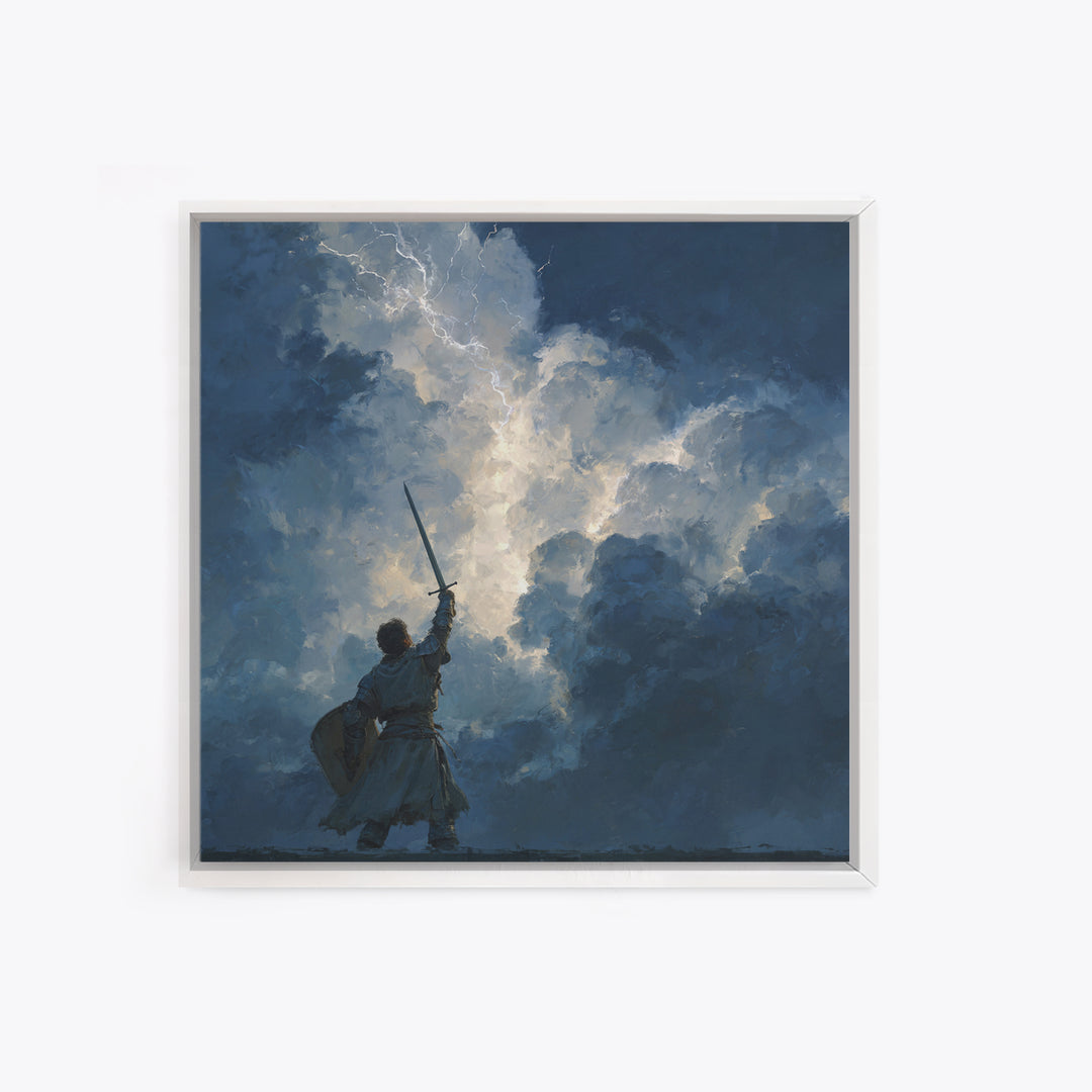 Warrior Raising Sword Into Lightning Canvas Print, Epic Fantasy Wall Art, Storm Clouds, Dark Heroic Medieval Home Decor Gift
