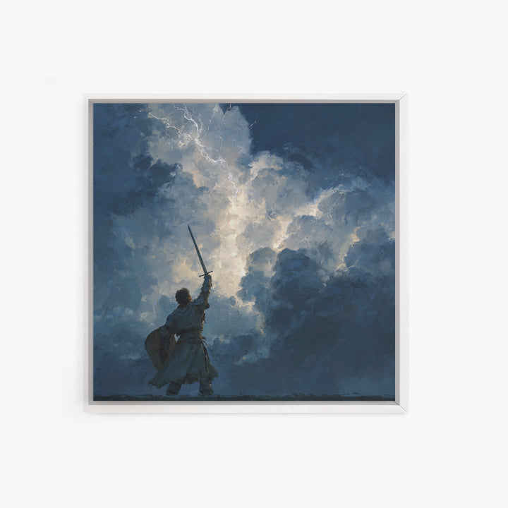 Warrior Raising Sword Into Lightning Canvas Print, Epic Fantasy Wall Art, Storm Clouds, Dark Heroic Medieval Home Decor Gift